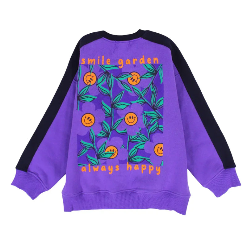 girls cotton sweatshirt - purple with "smile garden - always happy" print