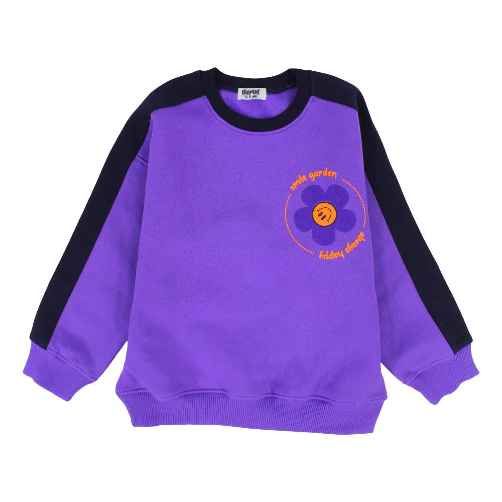 girls cotton sweatshirt - purple with "smile garden - always happy" print