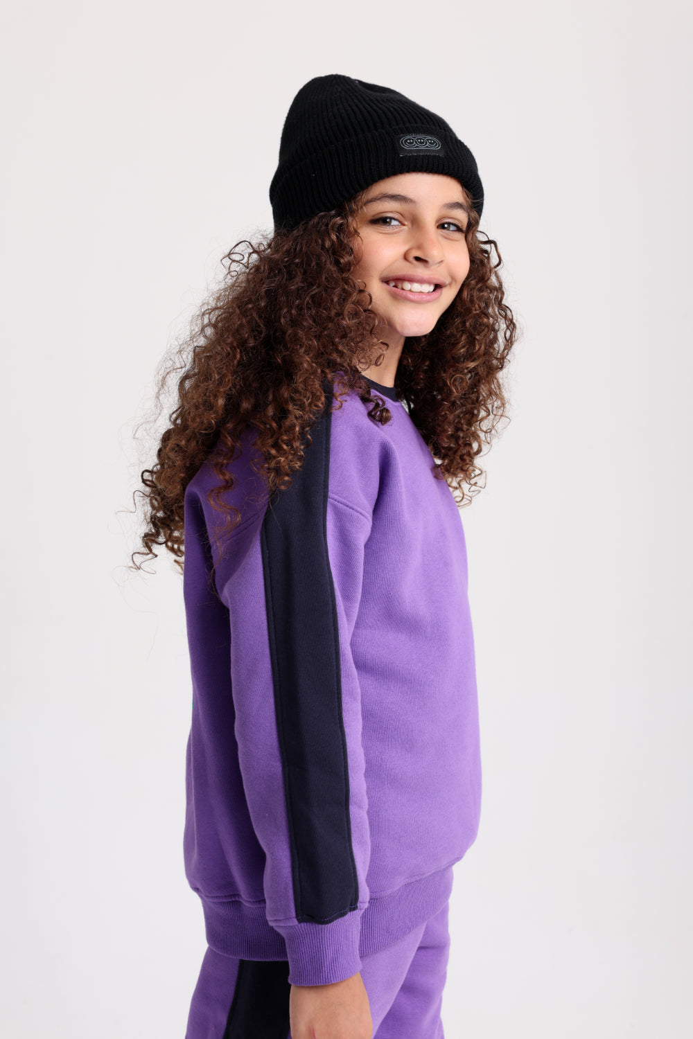 girls cotton sweatshirt - purple with "smile garden - always happy" print
