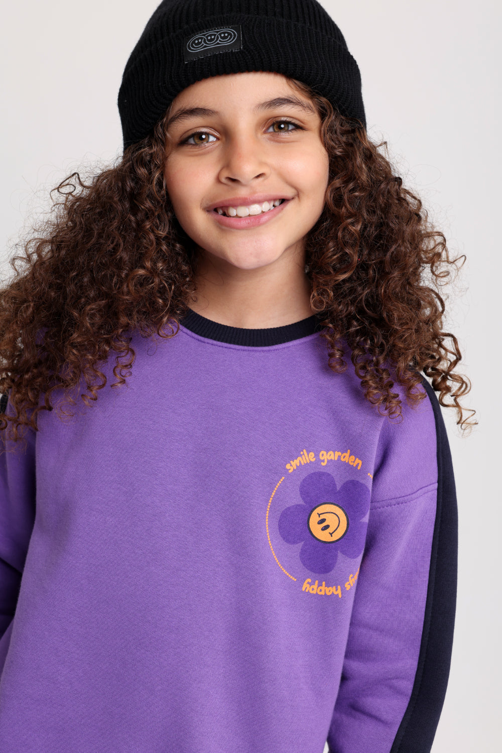 girls cotton sweatshirt - purple with "smile garden - always happy" print