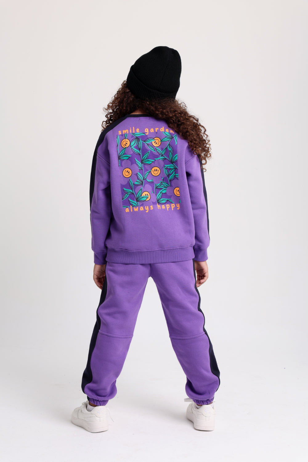 girls cotton sweatshirt - purple with "smile garden - always happy" print