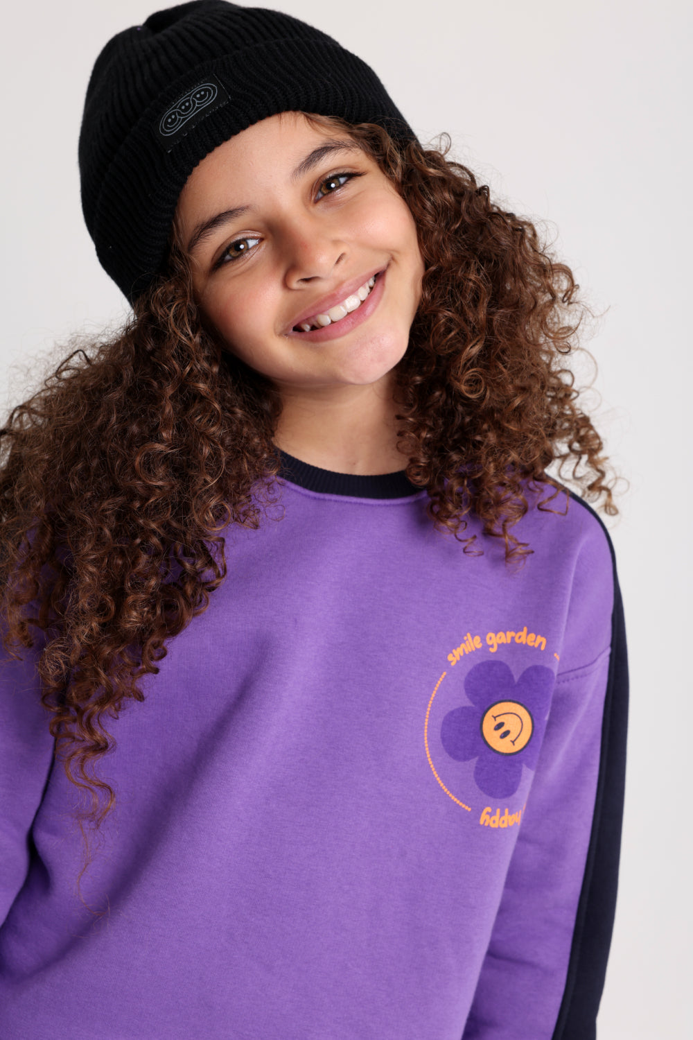 girls cotton sweatshirt - purple with "smile garden - always happy" print