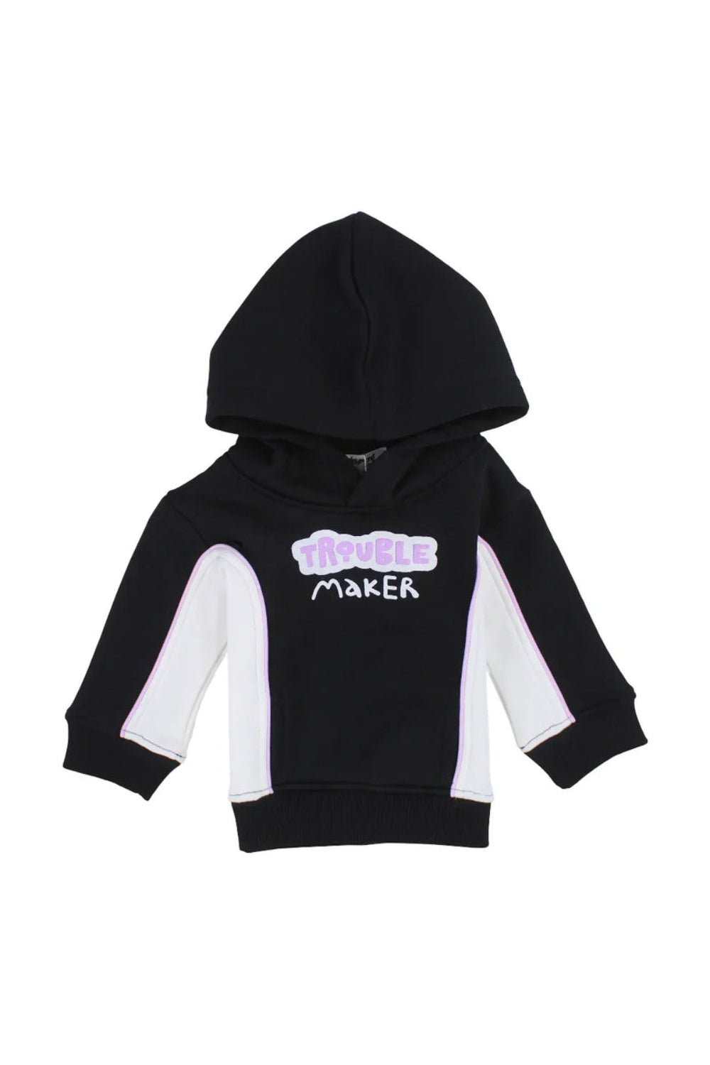 unisex cotton hoodie - black & offwhite with "trouble maker" print