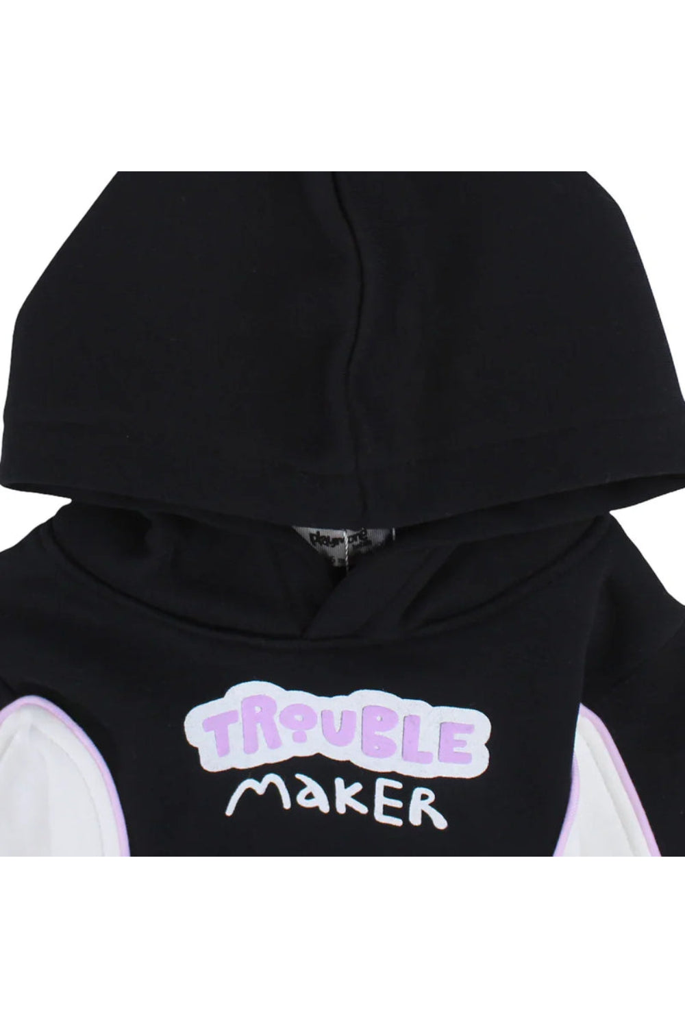 unisex cotton hoodie - black & offwhite with "trouble maker" print