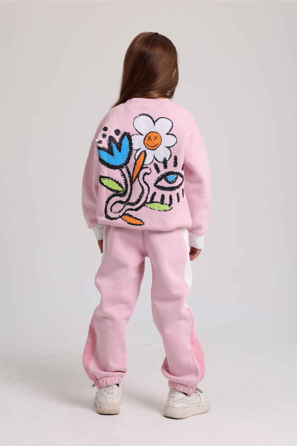 girls cotton sweatshirt – offwhite & pink with flowers print