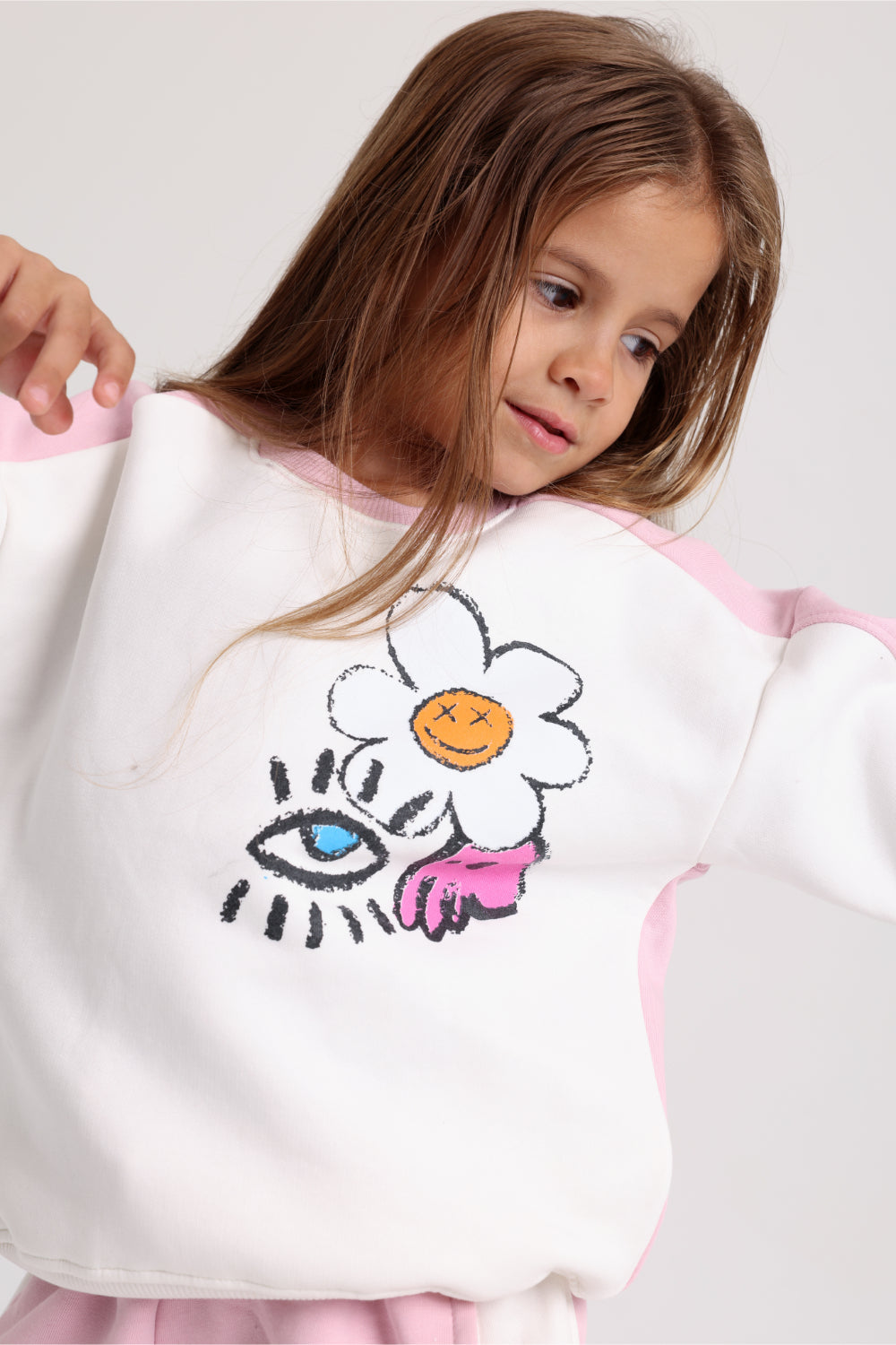 girls cotton sweatshirt – offwhite & pink with flowers print