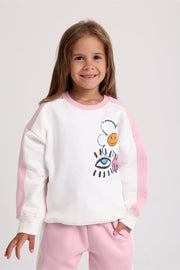 girls cotton sweatshirt – offwhite & pink with flowers print