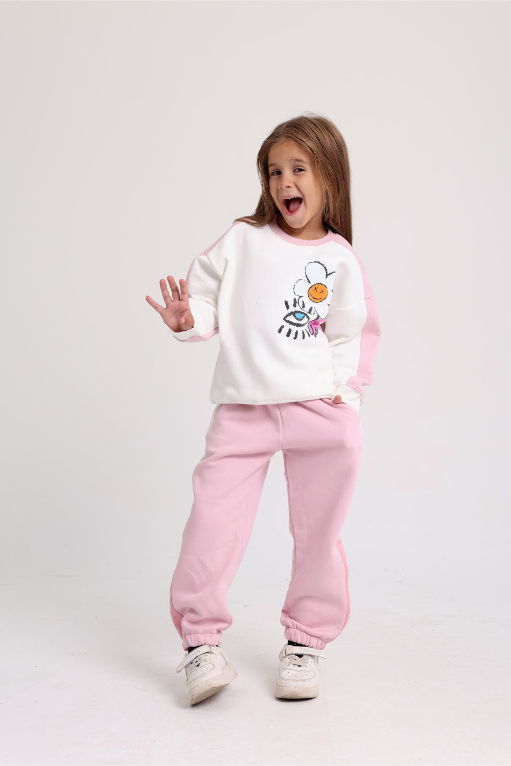 girls cotton sweatshirt – offwhite & pink with flowers print