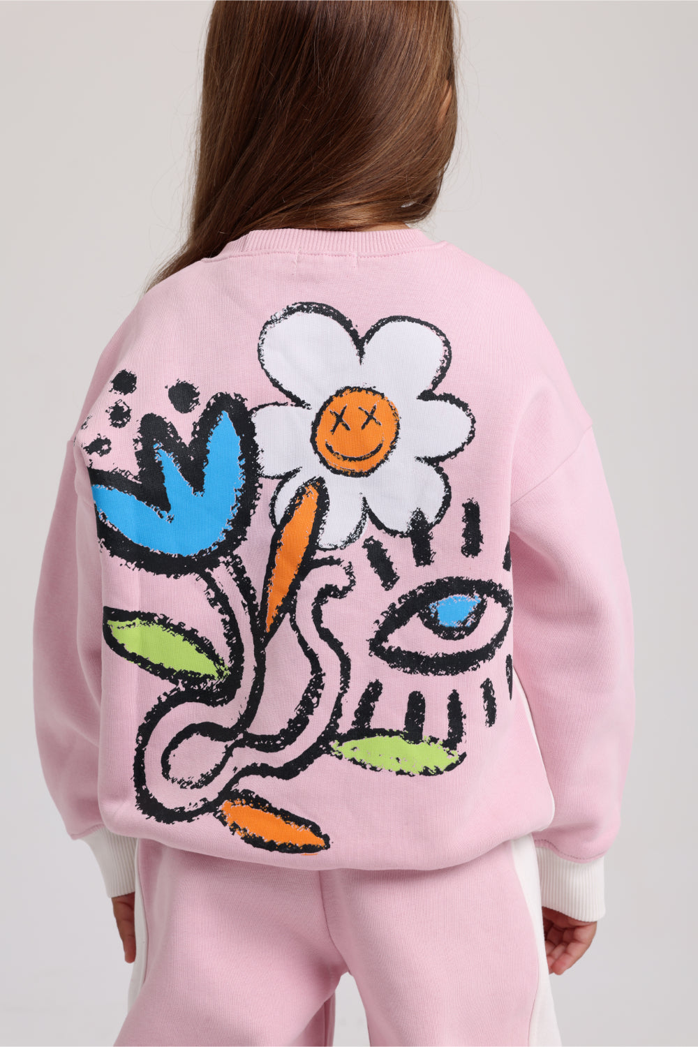 girls cotton sweatshirt – offwhite & pink with flowers print