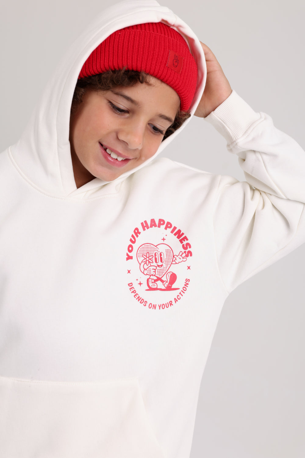 unisex cozy blend beanie – red with victory sign print
