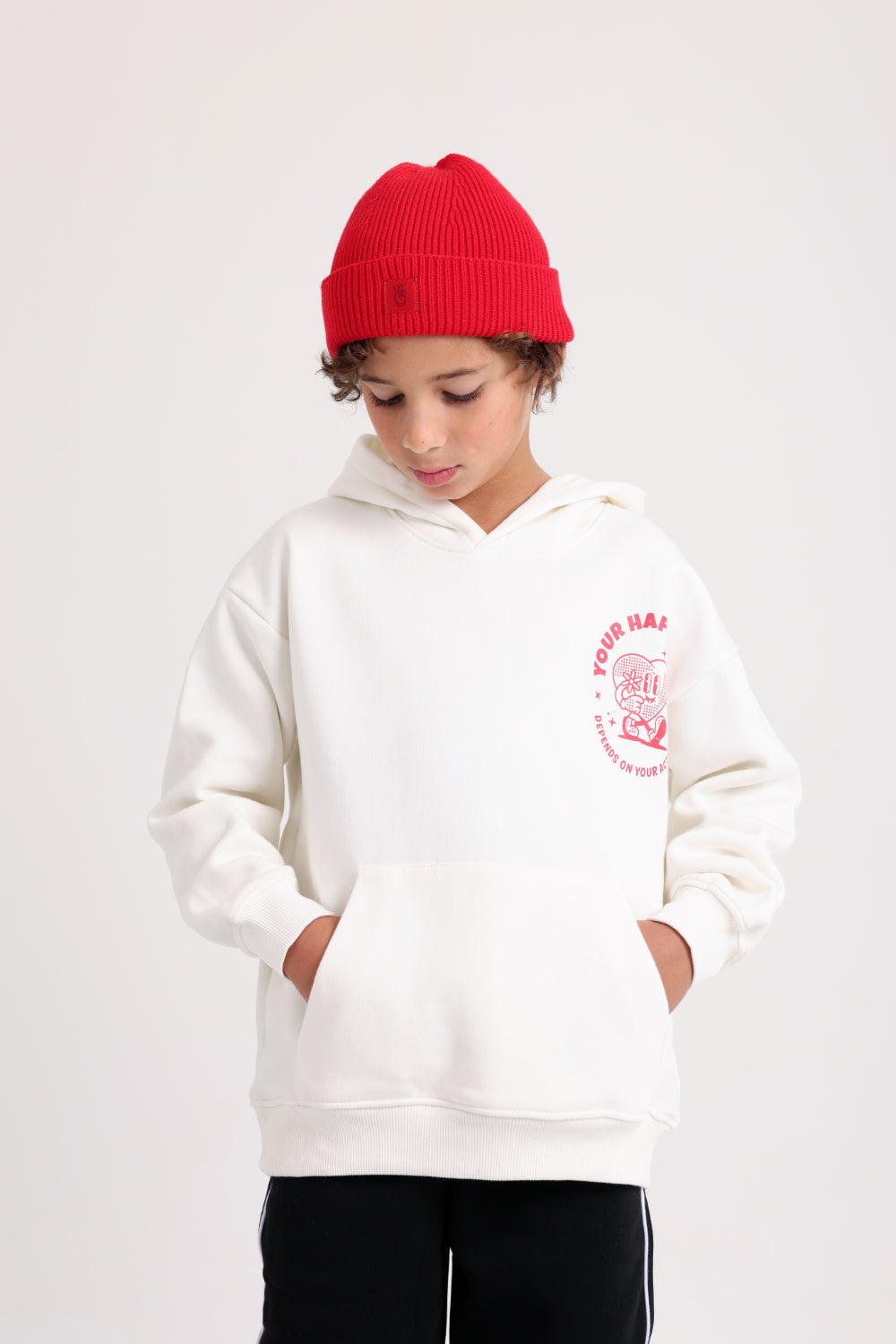 unisex cozy blend beanie – red with victory sign print