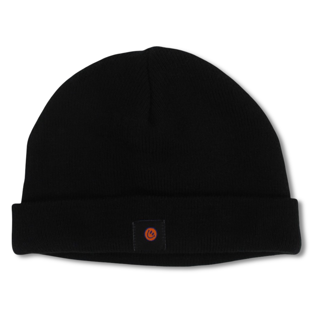 Unisex Acrylic Beanie - Black with Smiley Face Appliqued