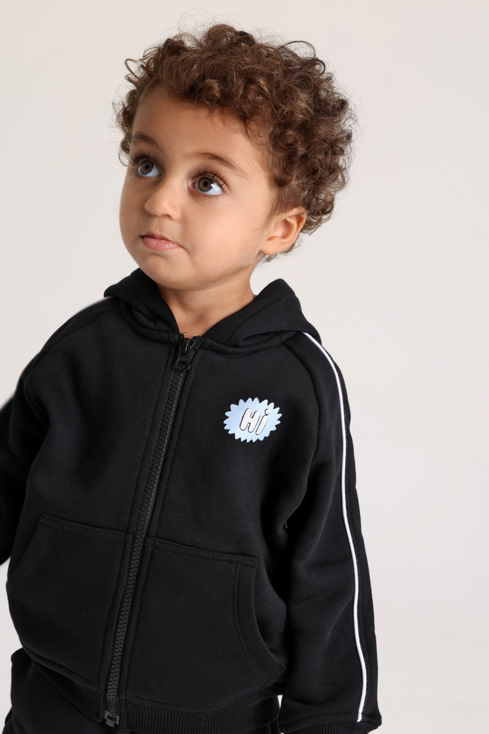 unisex baby cotton hoodie – black with “hi“ design