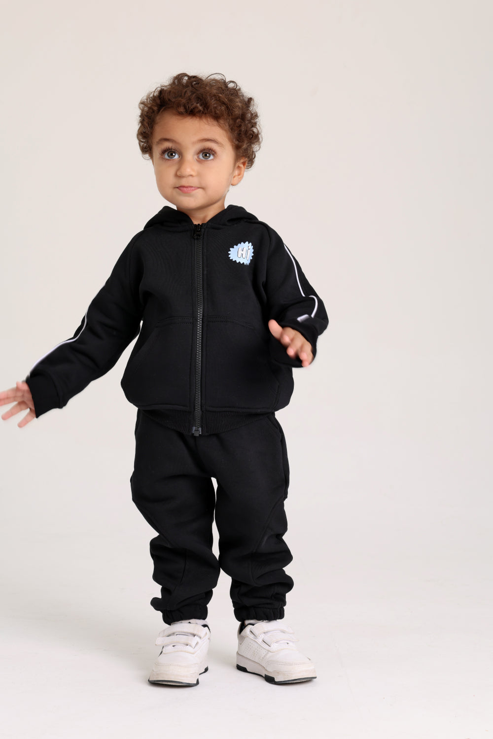 unisex baby cotton hoodie – black with “hi“ design