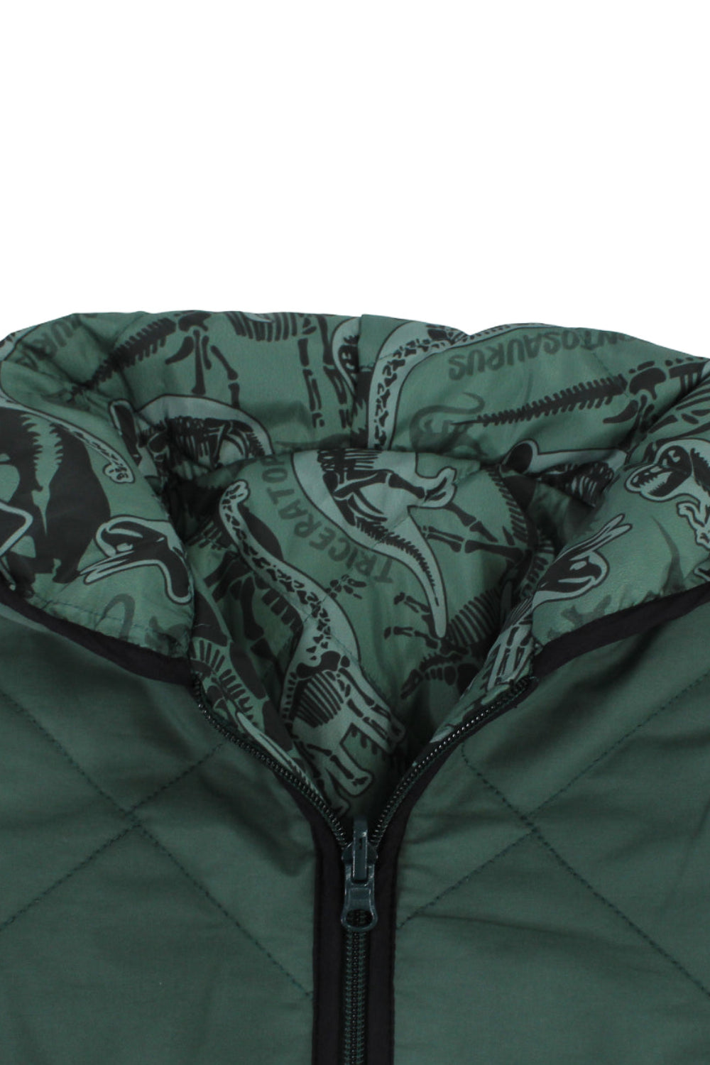 boys waterproof reversible quilted jacket - dark green with dino print