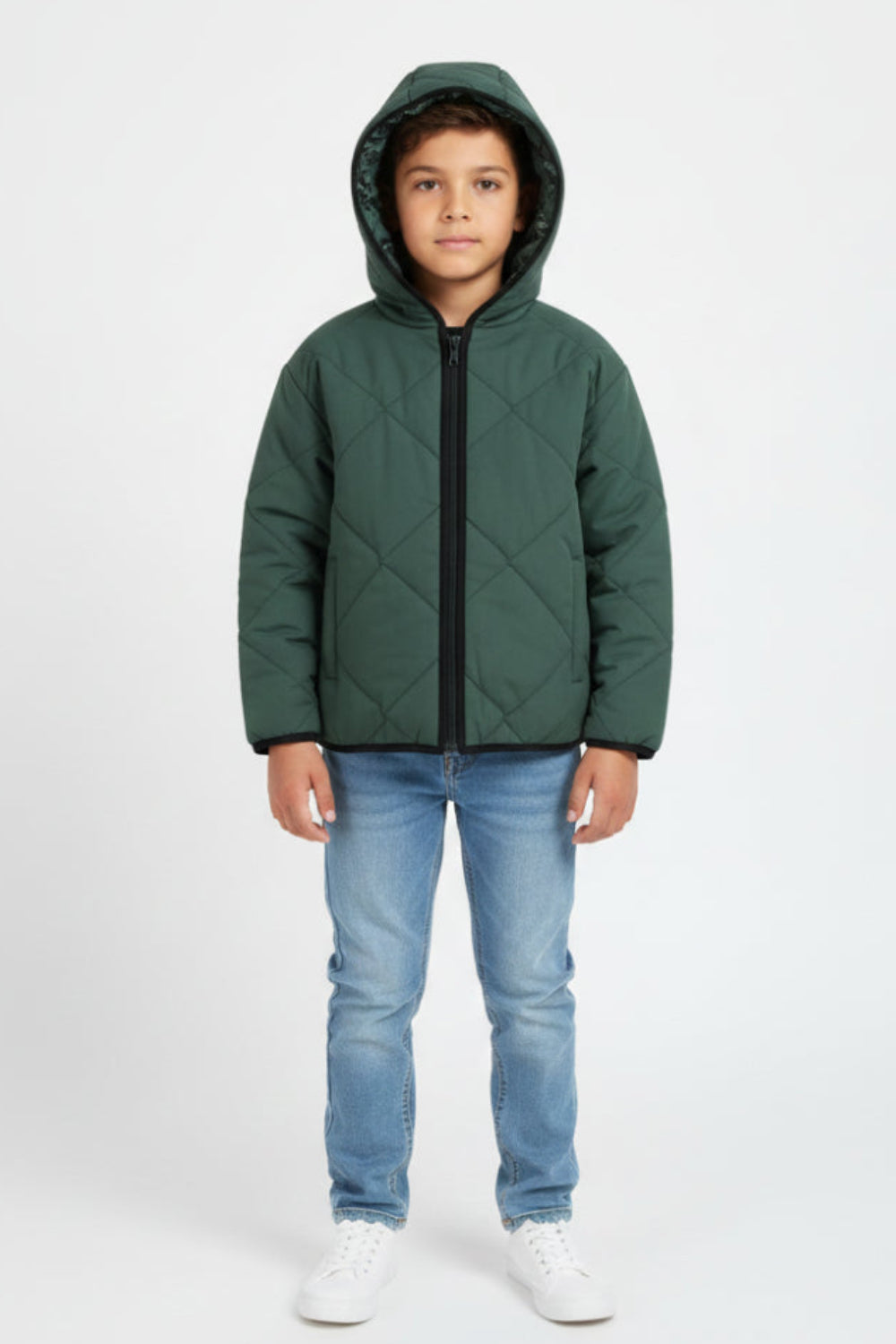 boys waterproof reversible quilted jacket - dark green with dino print