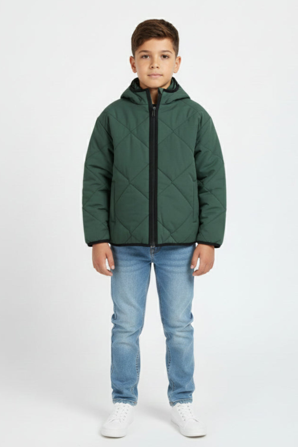 boys waterproof reversible quilted jacket - dark green with dino print