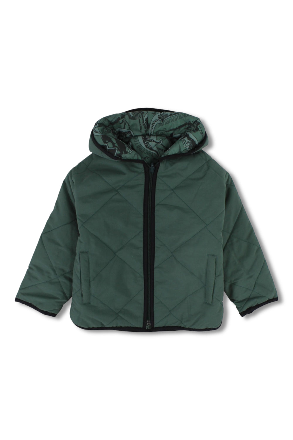 boys waterproof reversible quilted jacket - dark green with dino print