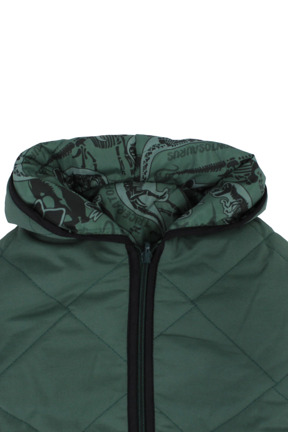boys waterproof reversible quilted jacket - dark green with dino print