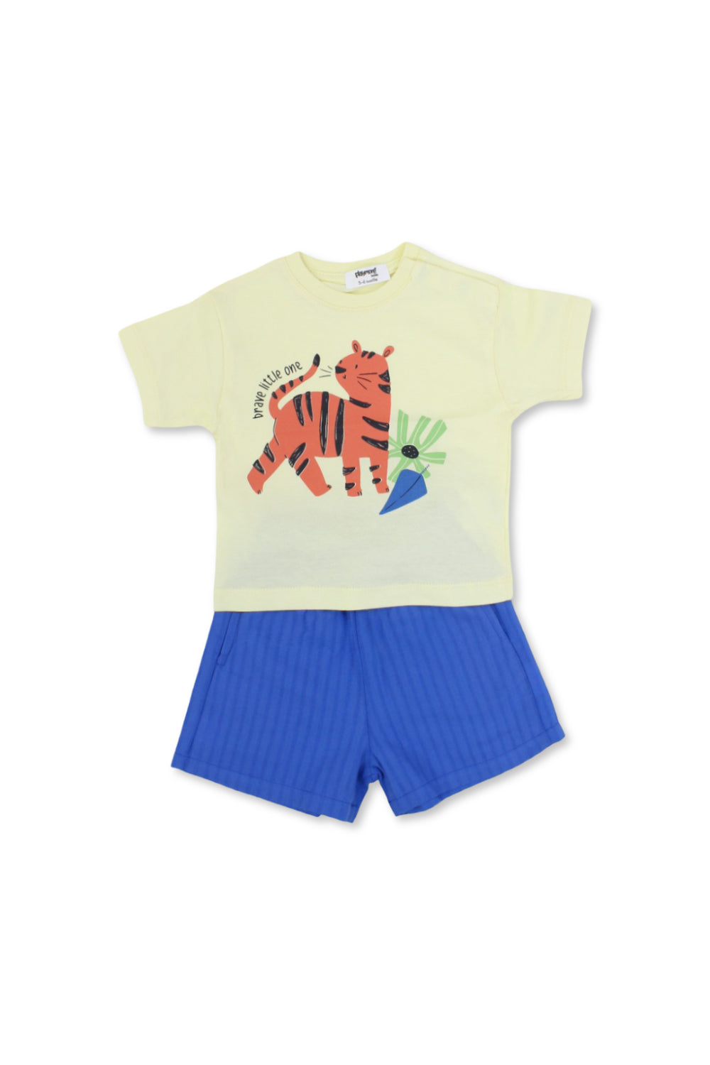 baby boys cotton outfit set – yellow & blue with tiger print
