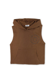 boys cotton hooded sleeveless t-shirt – brown with "star athlete" print