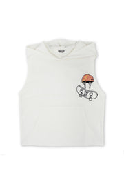 boys cotton hooded sleeveless t-shirt – off-white with "out we go" print