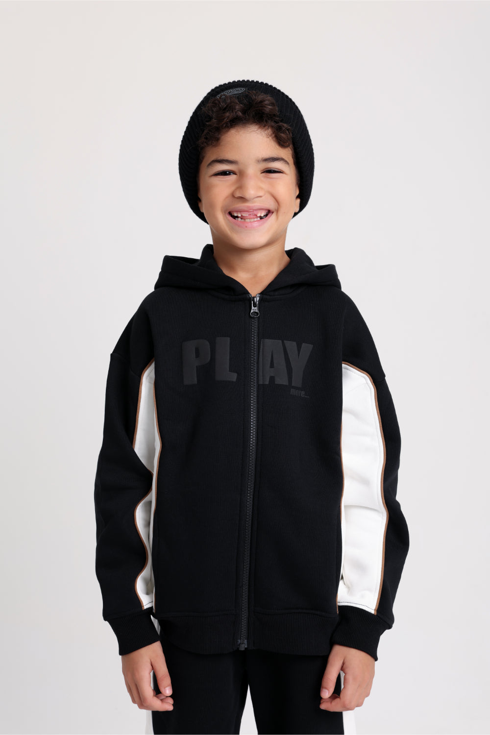boys cotton hoodie – back with “play more“ print