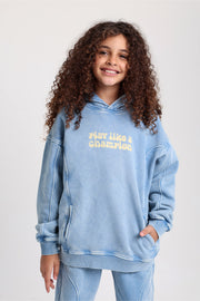 teens cotton hoodie – baby blue with "play like a champion" design