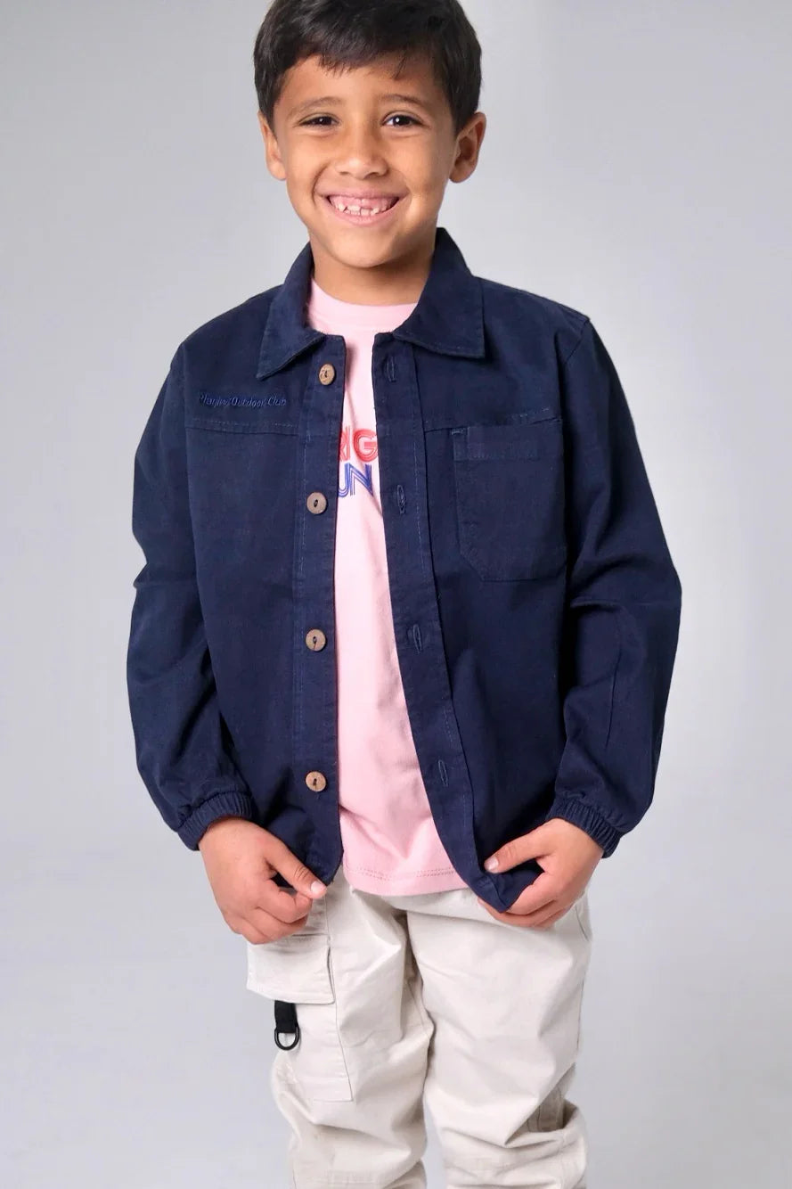 unisex kids "playing outdoors club" gabardine shirt – navy - playmore