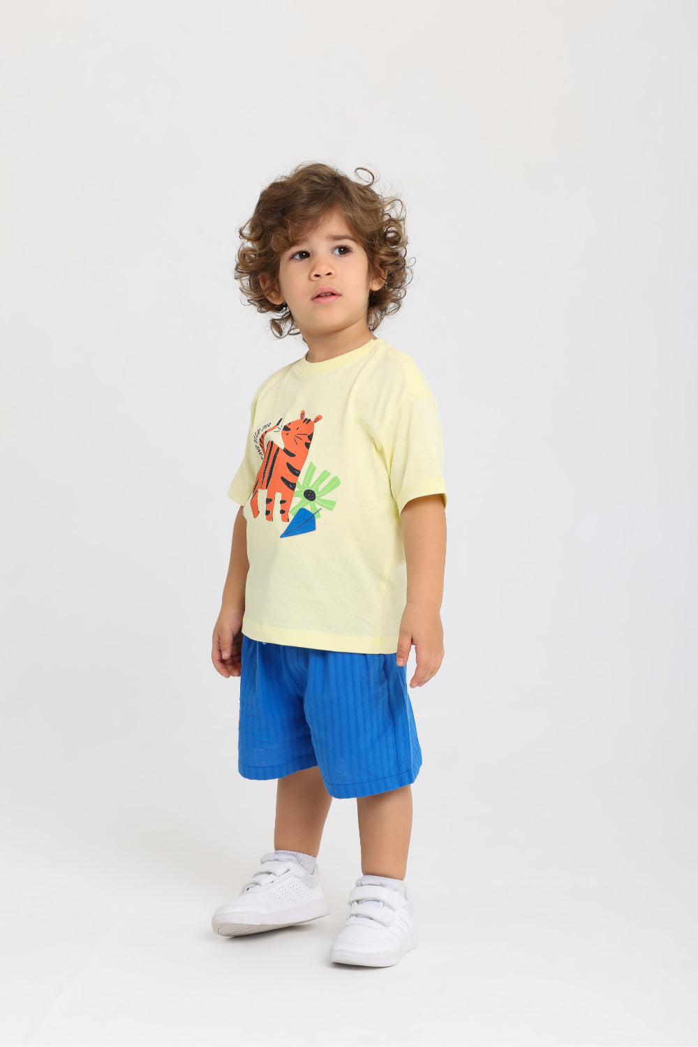 baby boys cotton outfit set – yellow & blue with tiger print