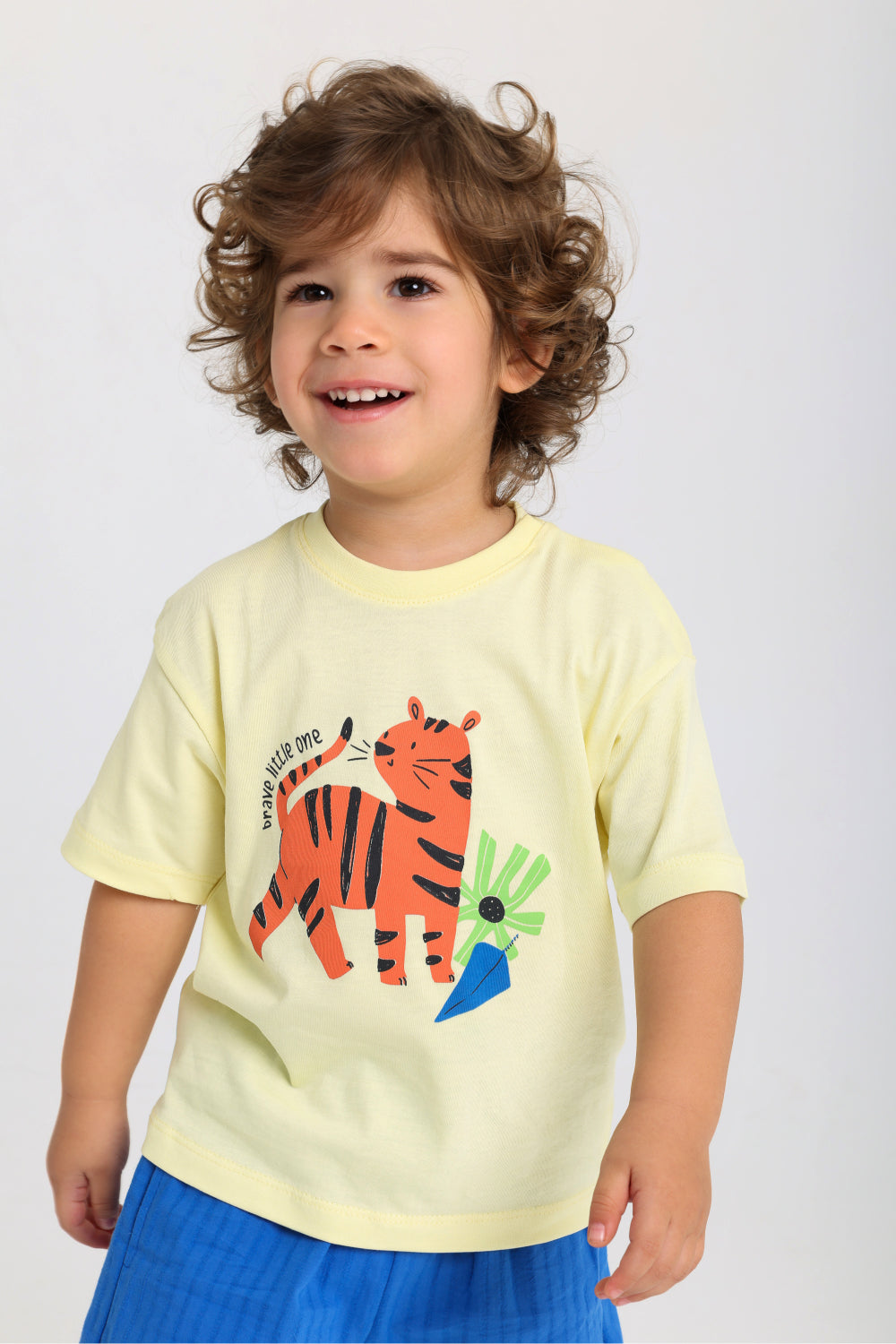 baby boys cotton outfit set – yellow & blue with tiger print