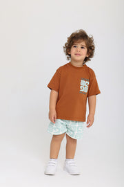 baby boys cotton outfit set – brown & mint with "catching the waves" print