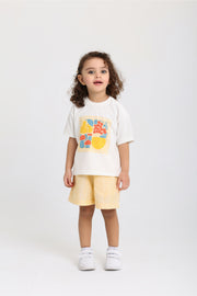 unisex baby cotton outfit set – off-white & yellow printed