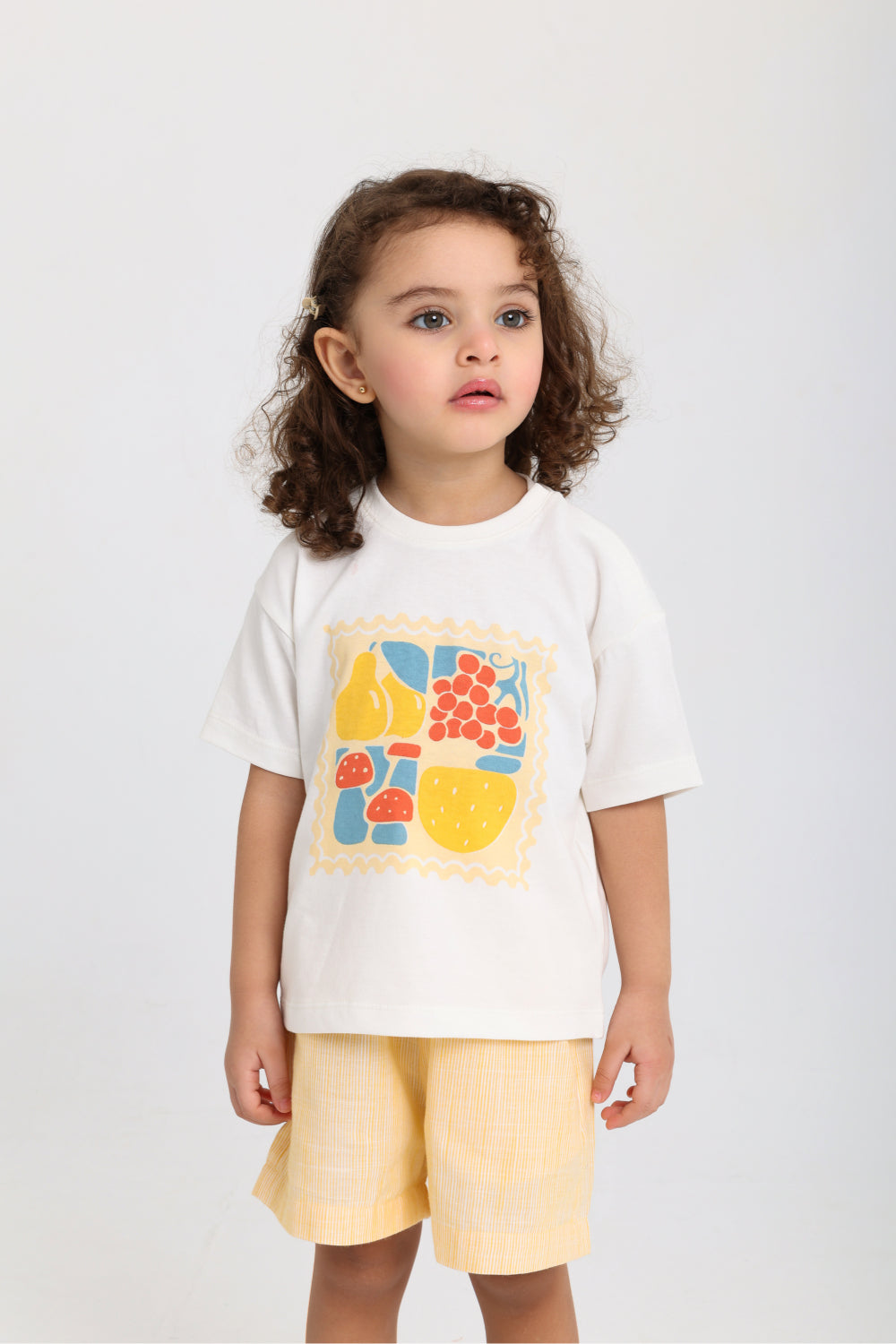 unisex baby cotton outfit set – off-white & yellow printed