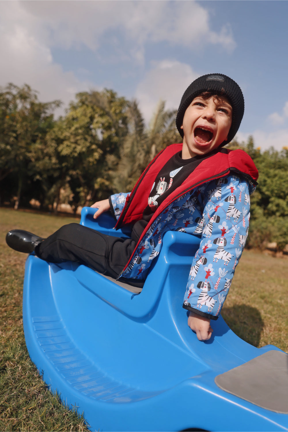 boys waterproof reversible jacket – red & babyblue